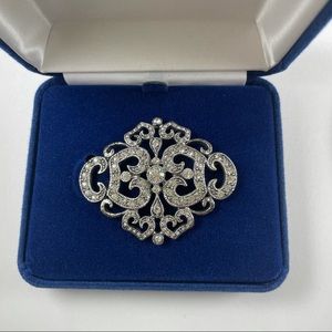 Silver Crystal Rhinestone Filigree Pin Brooch